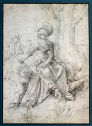 Kobieta dosiadająca mężczyzny: Phyllis siedząca na grzbiecie Arystotelesa, który chodzi na czworakach. Rysunek Grien Hans Baldung (1484-1545) Ec. Wszystko.