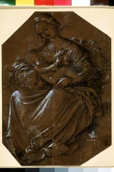 „Dziewica z Dzieciątkiem” (Dziewica z Dzieciątkiem) Rysunek tuszem i piórem na brązowym papierze autorstwa Hansa Baldunga (184-1545) XVI-wieczne Muzeum Puszkina, Moskwa
