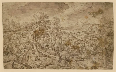 Chrystus w drodze do Emaus w rozległym krajobrazie