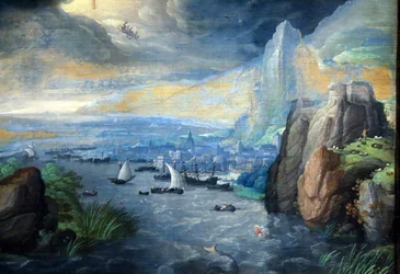 Fantastyczny krajobraz ze świętym Janem Ewangelistą na Patmos