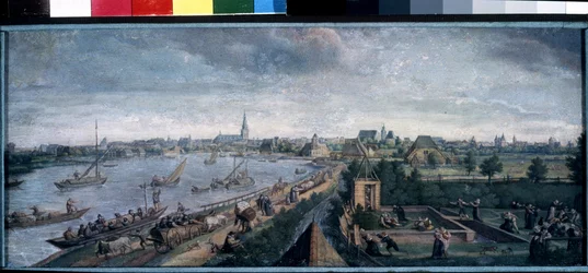 ""Zabawy wiejskie"" (Zabawy wiejskie) Radości wsi, scena spacerów po rzece, wiejski bal, piknik i gry na świeżym powietrzu. Obraz gwaszowy Hansa Bola (1534-1593) 1592 Muzeum Puszkina, Moskwa