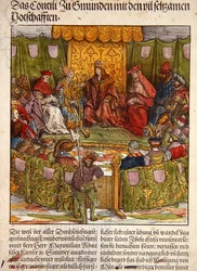 Rada Gmunden z ważnymi gośćmi z zagranicy, z „Der Weisskunig”, ok. 1515 (drewno ręcznie kolorowane)