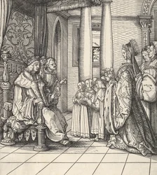 Biały król przyjmujący swoją córkę Małgorzatę i dzieci króla Filipa, z Der Weisskunig, 1514-16
