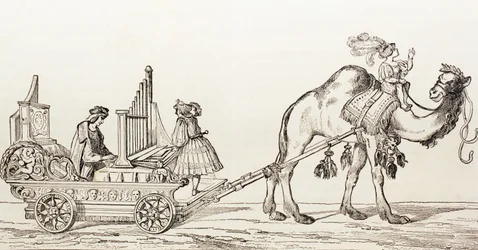 Organista Paul Hofhaimer grający w powozie ciągniętym przez wielbłąda z „El Mundo Ilustrado”, wydanego w Barcelonie, 1880 r.