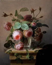Martwa natura z różowymi różami w szklanym wazonie. Malarstwo Hans Hermann (1813-1890) Prywatna kolekcja.