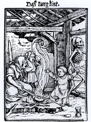 Śmierć zabierająca dziecko, z cyklu „Taniec śmierci”, sztych. Hans Lutzelburger, ok. 1526-8