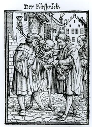Śmierć i adwokat, z „Tańca śmierci”, sztychowany przez Hansa Lutzelburgera, ok. 1538