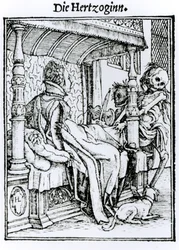 Śmierć i Pani, z „Tańca śmierci”, sztychowane przez Hansa Lutzelburgera, ok. 1538