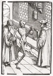 Śmierć przychodzi do Doktora, rytowany przez Georga Scharffenberga, z „Der Todten Tanz”, wyd. Bazylea, 1843