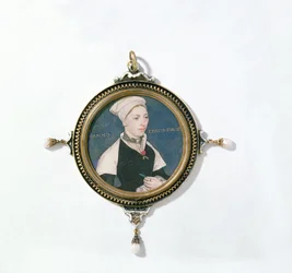 Jane Small, dawniej znana jako Mrs. Robert Pemberton, ok. 1540 (toaleta na welinie zamontowana na karcie do gry) (detal z 14732)