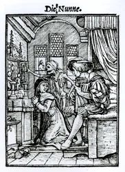 Zakonnica z „Tańca śmierci”, sztychowana przez Hansa Lutzelburgera, ok. 1538