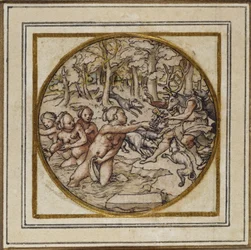 Diana i Akteon - Projekt wisiorka lub odznaki na kapelusz, ok. 1532-43 (pióro i tusz na papierze)
