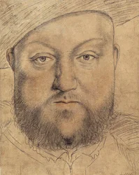 Portret króla Anglii Henryka VIII (Henri VIII) autorstwa Holbeina, Hansa Młodszego (1497-1543), ok. 1540 - Węgiel, pastel i sangwina na tekturze - Staatliche Graphische Sammlung, Monachium