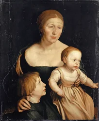 Portret żony artysty z dwojgiem starszych dzieci, 1528-29 (technika mieszana na papierze, montaż na drewnie)