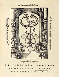 Sygnatura drukarska Johanna Frobensa (ok. 1460-1527) przedstawiająca dwie ręce trzymające kaduceusza z trzeciego wydania „Utopii” Sir Thomasa More