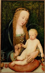 Święta Maria podaje Dzieciątku granat (obraz na drewnie lipowym)