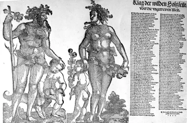 Broadside o wycofaniu się dzikich ludzi z lasu ze świata, który zmienił się na gorsze, drzeworyt Hansa Guldenmunda, 1545