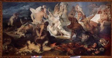 Bitwa centaurów i Lapitów lub Lafitów (Bitwa centaurów i Lapitów). W mitologii greckiej Lapithowie wymordowali centaury. Obraz Hansa Makarta (1840-1884). Olej na płótnie. Sztuka austriacka, okres secesji. Państwowe Muzeum F