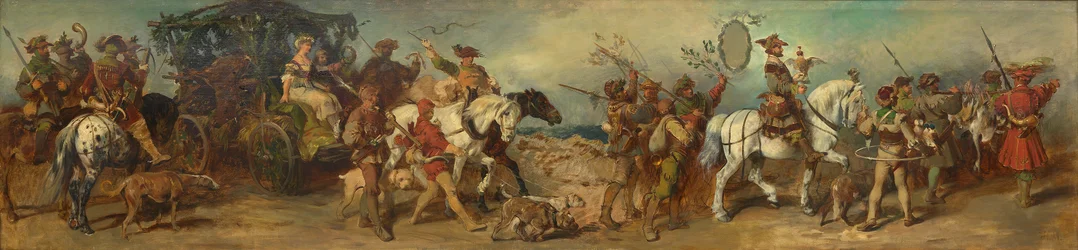 Projekt uroczystego pochodu z 1879 roku - Grupa myśliwska z wozem trofeów