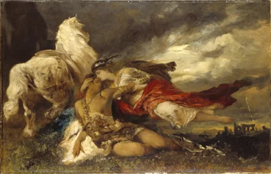 Valkyrie et un heros mourant - Walkiria i umierający bohater, autorstwa Makarta Hansa (1840-1884). Olej na płótnie. Wymiar : 130x200 cm. Muzeum Narodowe w Sztokholmie