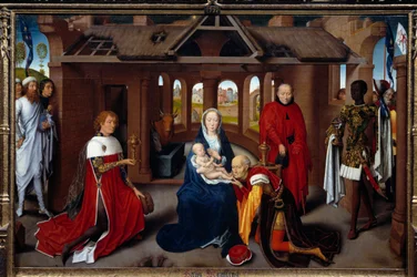 Tryptyk Adoracji Trzech Króli: panel centralny. Magowie są jak Karol Temeraire i Filip Dobry. Detrempe na drewnie autorstwa Hansa Memlinga (1433-1494). ok. 1470, niedz. 0,95x1,45 m Madryt. Muzeum Prado. - Tryptyk Adoracja Trzech Króli: cent