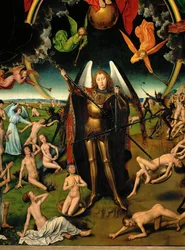 Tryptyk z Sądem Ostatecznym: szczegół środkowego panelu: Archanioł Michał (tryptyk na panelu)