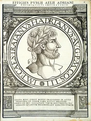 Aelius Hadrianus, ilustracja z Imperatorum romanorum omnium orientalium et occidentalium verissimae imagines ex antiquis numismatis, drzeworyt Rudolpha Wyssenbacha, wydrukowany przez Andreasa Gesnera, Zuri