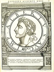 Albert I, ilustracja z „Cesarzy rzymskich całego Wschodu i Zachodu”, drzeworyt Rudolpha Wyssenbacha, druk Andreas Gesner, Zurych