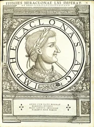 Heraklona, ​​ilustracja z „Cesarzy rzymskich całego Wschodu i Zachodu”, drzeworyt Rudolpha Wyssenbacha, druk Andreas Gesner, Zurych