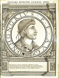 Honorius, ilustracja z „Cesarzy rzymskich całego Wschodu i Zachodu”, drzeworyt Rudolpha Wyssenbacha, druk Andreas Gesner, Zurych, 15.