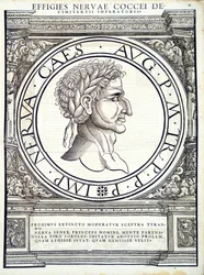 Nerwa, ilustracja z „Cesarzy rzymskich całego Wschodu i Zachodu”, drzeworyt Rudolpha Wyssenbacha, druk Andreas Gesner, Zurych, 1559