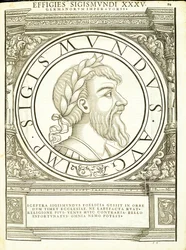 Sigismundus, ilustracja z "Imperatorum romanorum omnium orientalium et occidentalium verissimae imagines ex antiquis numismatis", drzeworyt Rudolpha Wyssenbacha, wydrukowany przez Andreasa Gesnera, Zurych,