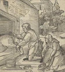 Rolnik ubijający świnię, z Hymmelwagen auff dem, wer wol leben..., 1517.