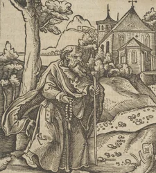 Stary pielgrzym idący w prawo, z Hymmelwagen auff dem, wer wol Leben..., 1517.