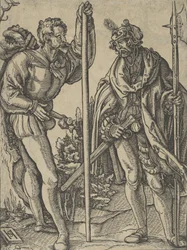 Dwóch żołnierzy z konwersacją włóczni i halabardy, ca. 1515.
