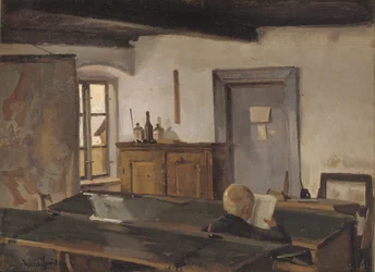 Sala szkolna z chłopcem czytającym