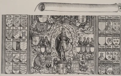 Górna część Genealogii Maksymiliana, z prawym brzegiem zwoju na rok 1515.