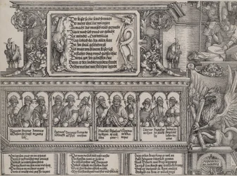 Część górna portalu lewego, z napisem na skórze lwa, fryz z B..., 1515.