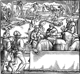 Posiedzenie sądowe. Ilustracja z książki Phisicke Against Fortune autorstwa Petrarki, 1532