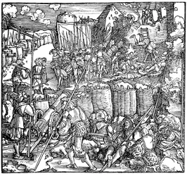 Oblężenie twierdzy. Ilustracja z książki Phisicke Against Fortune autorstwa Petrarki, 1532