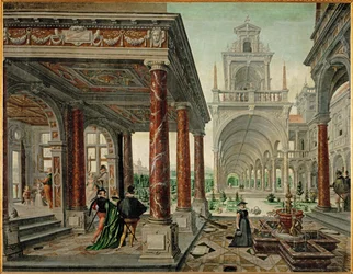 Architektura pałacowa z eleganckim towarzystwem (olej na płótnie)