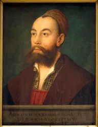 Portret bankiera Antona Fuggera (1493-1560) (w tekście: reprezentacyjny, bo w wieku 31 lat i 10 miesięcy) - Obraz Hansa Malera dit de Schwaz (1480-1526 lub 1529), olej na płótnie, około 1525 - Sztuka niemiecka XVI wiek - Musee des Beaux A