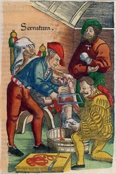 Amputacja, ilustracja z „Feldtbuch der Wundartzney” Hansa von Gersdorffa, ok. 1540 (kolorowy drzeworyt)
