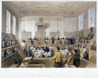 Wewnątrz Centralnego Trybunału Karnego, Old Bailey, z rozprawą sądową, City of London, 1840