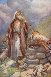 Stary Testament: Abraham i Izaak (kolorowa litografia)