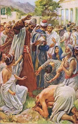 Św. Paweł w Listrze, ilustracja z Harold Copping Pictures: The Crown Series, ok. 1920 r.