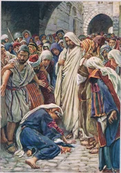 Kobieta, która dotknęła rąbka jego szaty, ilustracja z książki „Kobiety biblijne”, wydanej przez The Religious Tract Society
