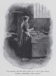 „Kobieta wykonująca swoje zadanie w szopie przypominającej celę, milcząca, pochłonięta i samotna” (zdjęcie czarno-białe)