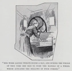 „Jej praca trwała dwanaście godzin dziennie i przez cały ten czas musiała kręcić rączką koła, które poruszało miechy czterech kuźni” (zdjęcie czarno-białe)