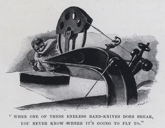 „Kiedy jeden z tych niekończących się noży taśmowych pęknie, nigdy nie wiadomo, dokąd poleci” (zdjęcie czarno-białe)